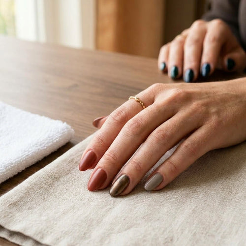 Mano con unghie a mandorla corte in terracotta e beige mushroom, un accent nail in bronzo ossidato, appoggiata su lino beige accanto ai flaconi di semipermanente Divina Nails