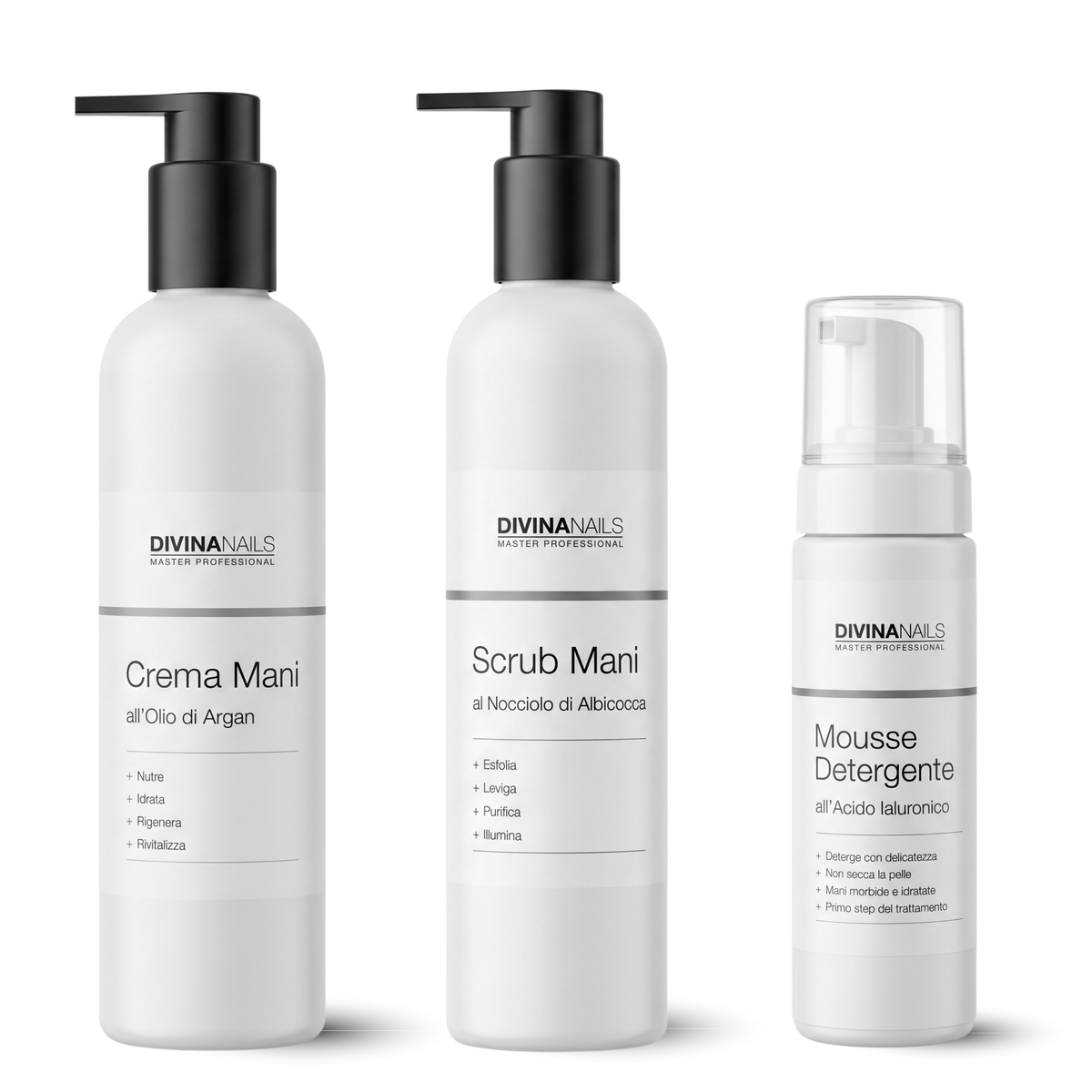 Kit mani professionale Divina Nails: crema all'olio di Argan 300ml, scrub al nocciolo di albicocca 300ml e mousse detergente all'acido ialuronico 200ml
