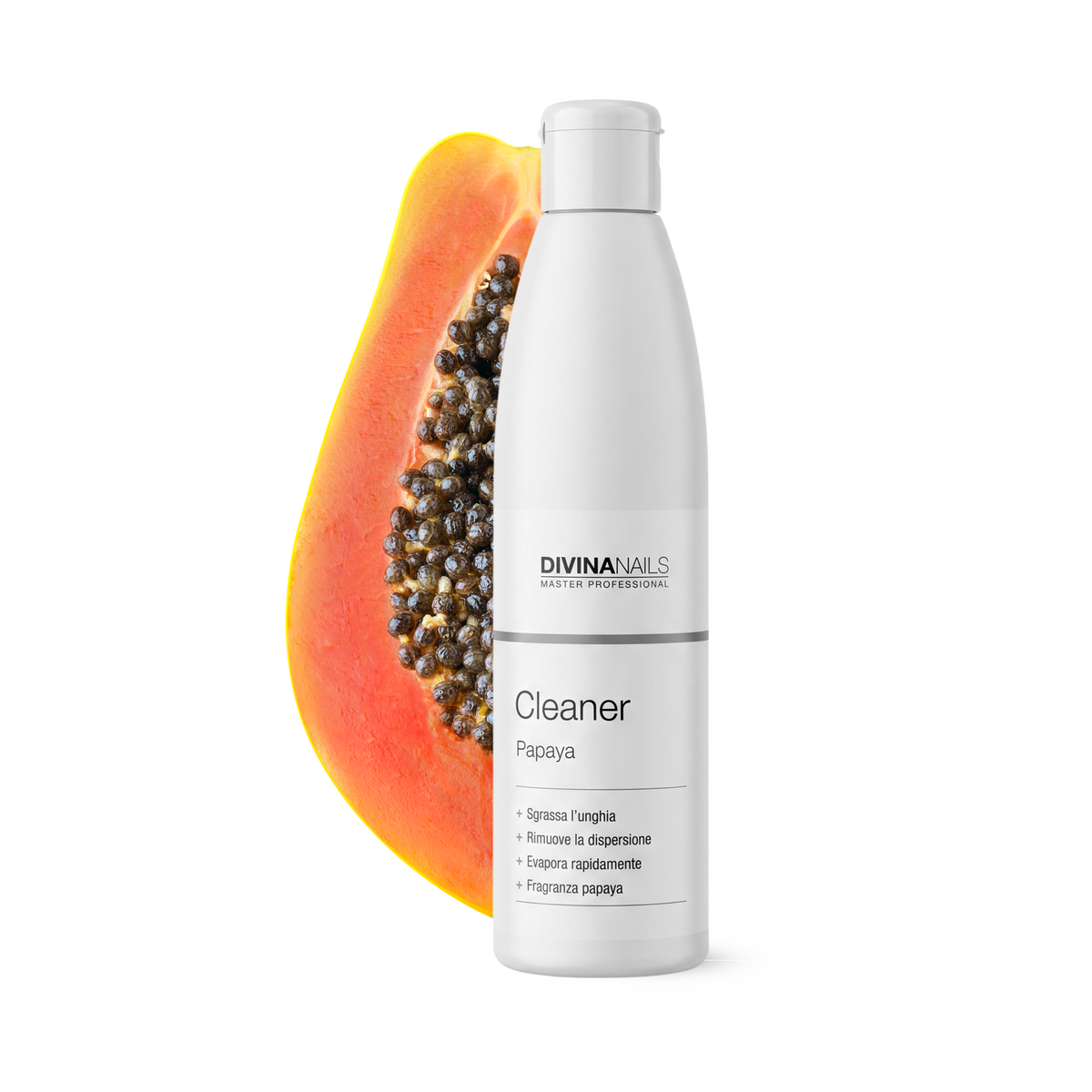 Cleaner papaya professionale per unghie Divina Nails, flacone bianco 250 ml con papaya fresca tagliata