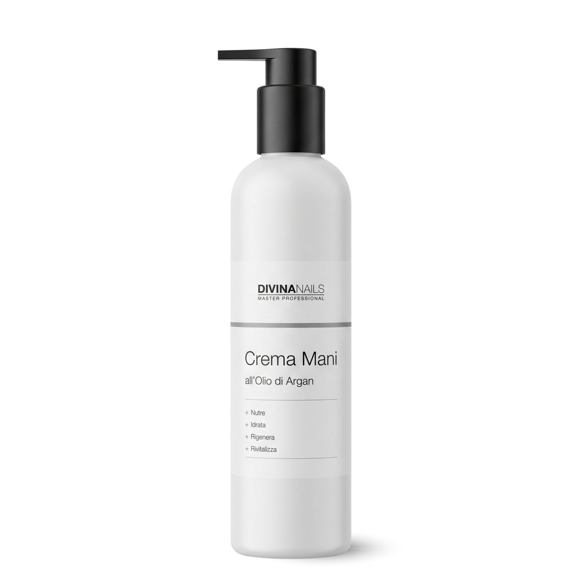 Crema mani professionale all'olio di argan Divina Nails, flacone bianco 300 ml con dosatore a pompa