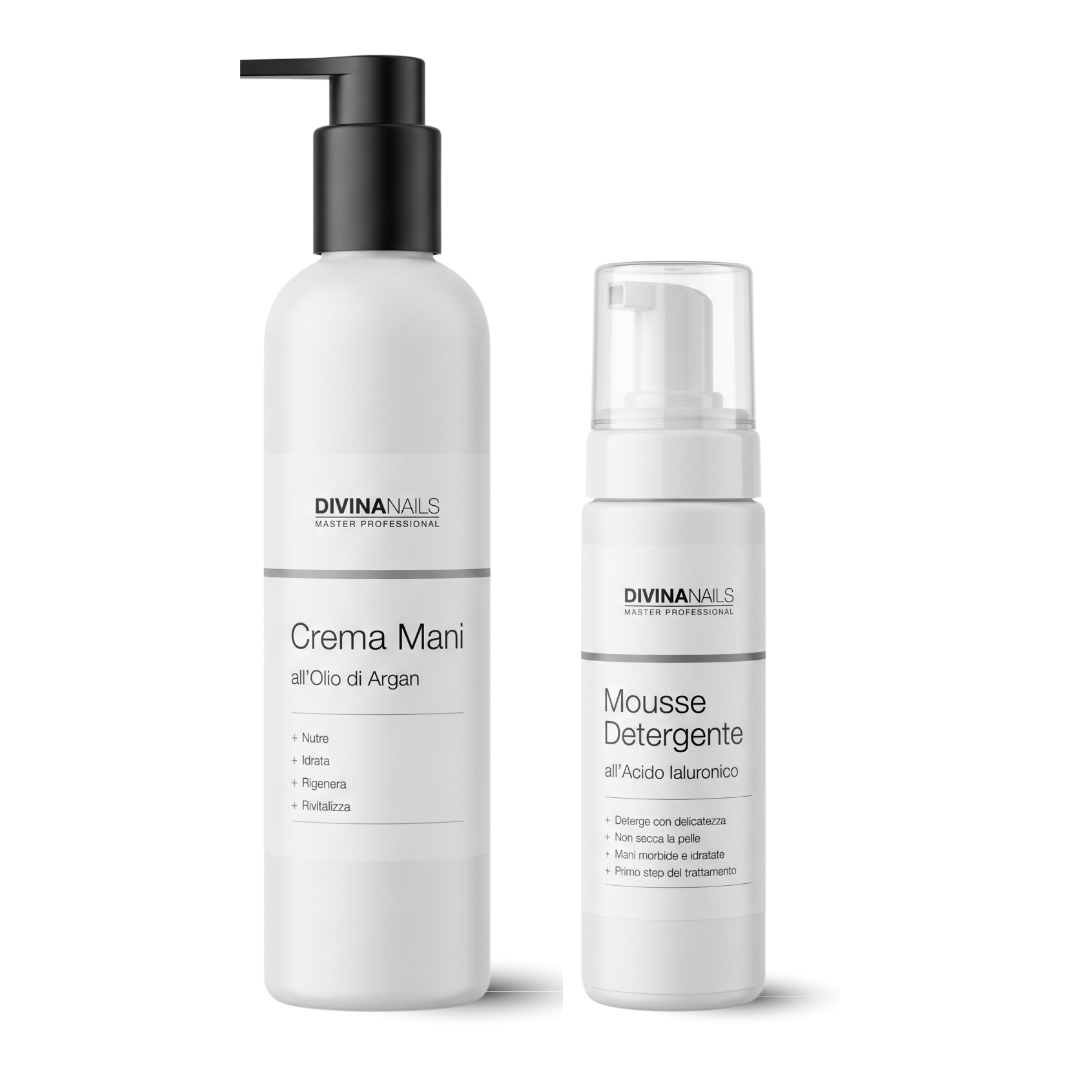 Crema mani all'olio di Argan 300ml e mousse detergente all'acido ialuronico 200ml Divina Nails