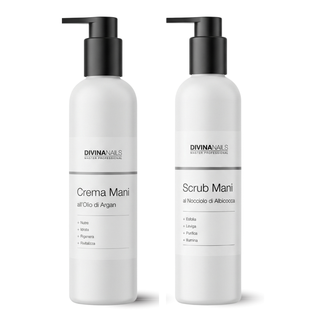 Crema mani all'olio di Argan e scrub mani al nocciolo di albicocca, 300ml ciascuno, Divina Nails