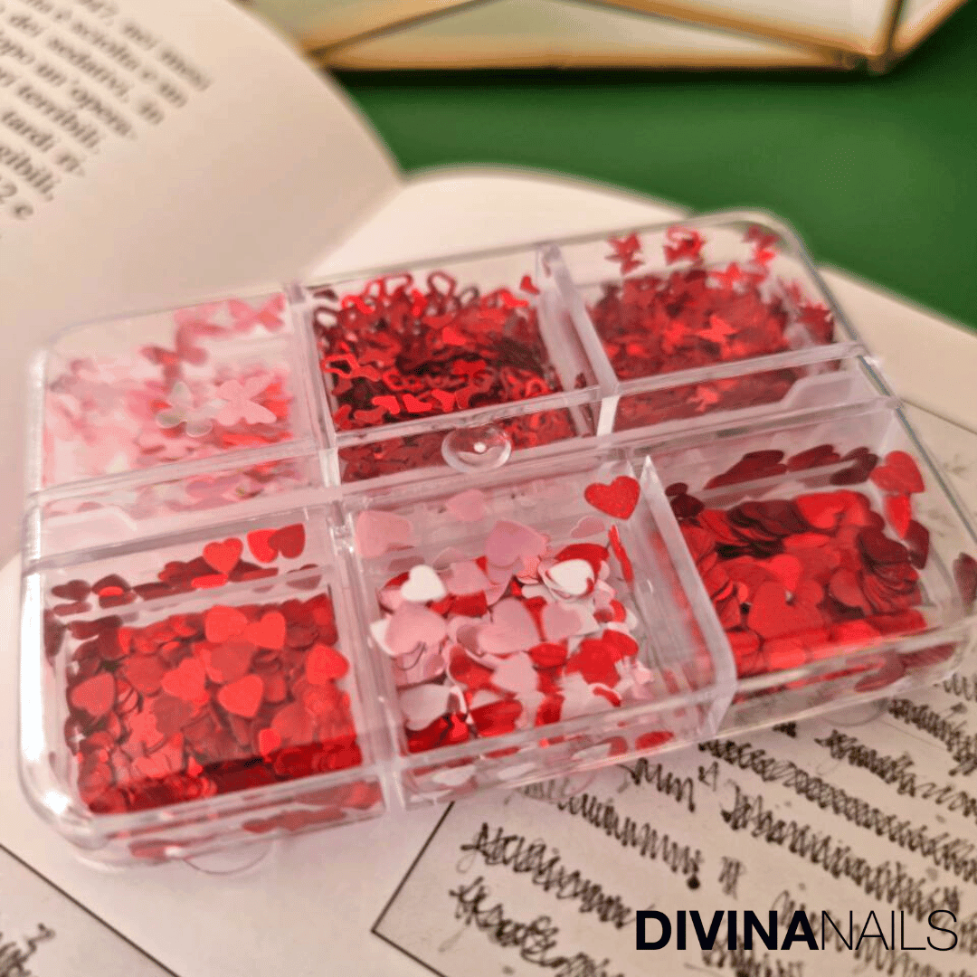PAILETTES HEART - Set da 6 paillettes decorazioni per nail art cuori farfalle rossi - Divina Nails