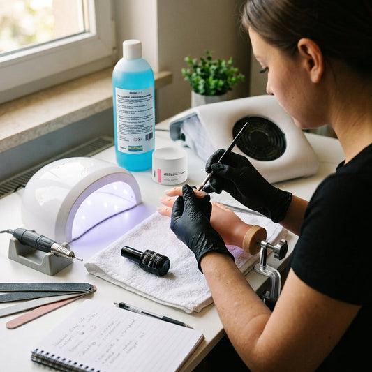 Onicotecnica con guanti neri che applica il gel alla cliente al tavolo da lavoro, fra lampada LED accesa, fresa, aspiratore, lime, il cleaner sgrassante Divina Nails e un quaderno di appunti