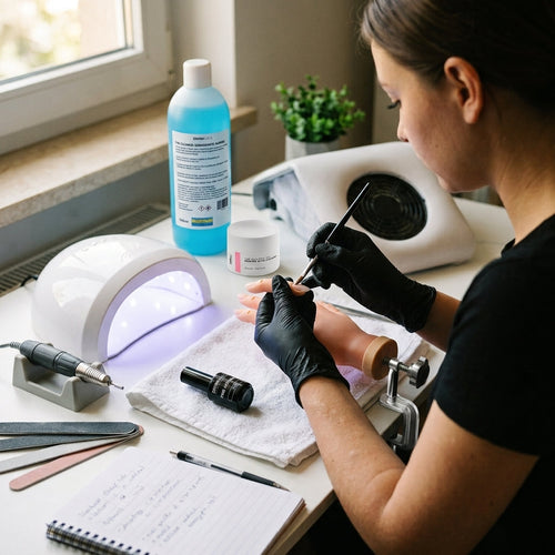 Onicotecnica con guanti neri che applica il gel alla cliente al tavolo da lavoro, fra lampada LED accesa, fresa, aspiratore, lime, il cleaner sgrassante Divina Nails e un quaderno di appunti