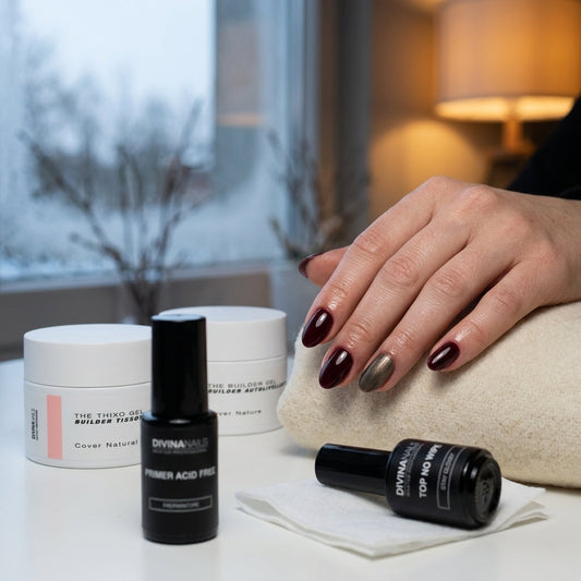 Mano con unghie bordeaux e un accent nail bronzo appoggiata su una coperta di lana, accanto ai barattoli The Thixo Gel e The Builder Gel, al primer acid free e al top no wipe, davanti a una finestra ghiacciata