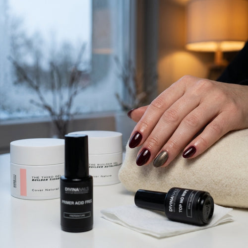 Mano con unghie bordeaux e un accent nail bronzo appoggiata su una coperta di lana, accanto ai barattoli The Thixo Gel e The Builder Gel, al primer acid free e al top no wipe, davanti a una finestra ghiacciata