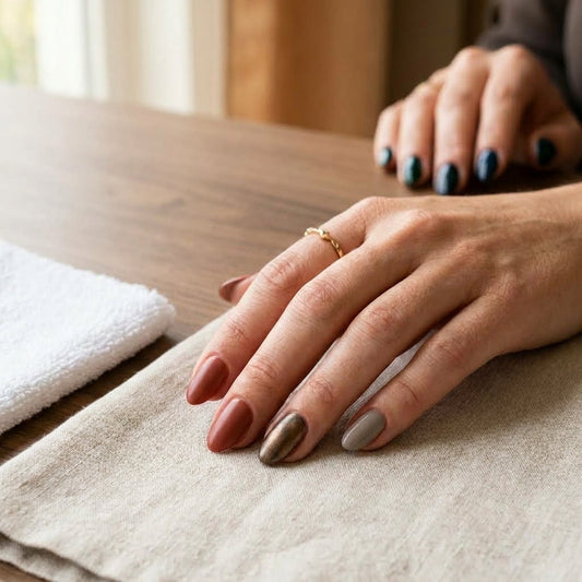 Mano con unghie a mandorla corte in terracotta e beige mushroom, un accent nail in bronzo ossidato, appoggiata su lino beige accanto ai flaconi di semipermanente Divina Nails