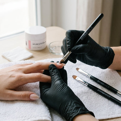 Onicotecnica con guanti neri che stende il builder gel sull'unghia della cliente con un pennello piatto, accanto ad altri due pennelli Divina Nails e al barattolo The Builder Gel Cover Nature su un telo bianco