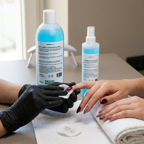 Onicotecnica con guanti neri che passa un pad di cellulosa sull unghia della cliente, con il flacone da un litro e lo spray The Cleaner sgrassante Almond di Divina Nails sul tavolo dietro