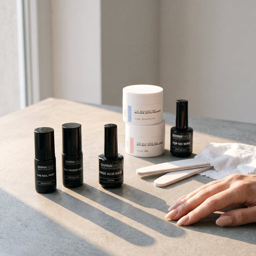 Nail prep, primer acido e free acid base allineati su un piano di cemento con luce radente, dietro due barattoli di builder gel, il top no wipe, due lime mezzaluna e una mano con ricostruzione nude