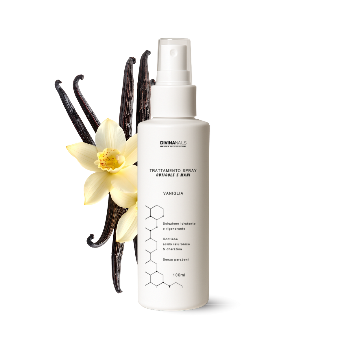 TRATTAMENTO SPRAY CUTICOLE E MANI - VANIGLIA - Con acido ialuronico e cheratina e senza parabeni 100ml