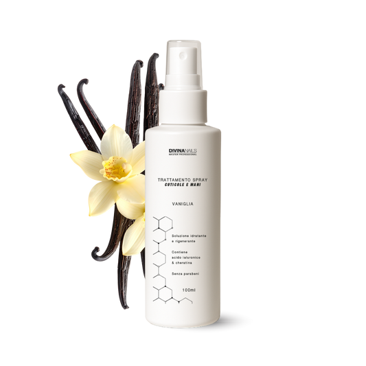 TRATTAMENTO SPRAY CUTICOLE E MANI - VANIGLIA - Con acido ialuronico e cheratina e senza parabeni 100ml