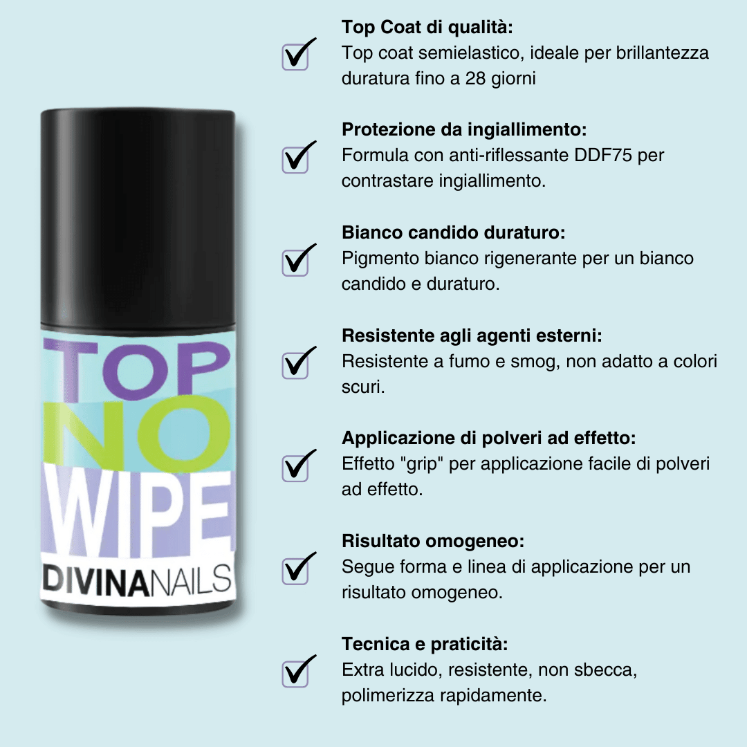 TOP NO WIPE - STAY GLOSSY PRO WHITE - Gel top coat antigiallo senza dispersione 8ml - Divina Nails