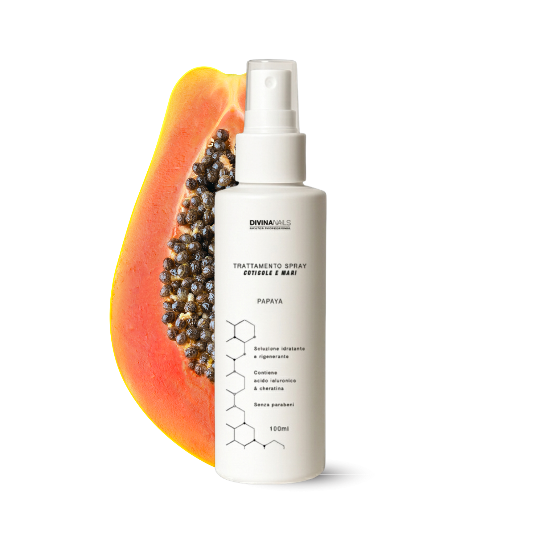 TRATTAMENTO SPRAY CUTICOLE E MANI - PAPAYA - Con acido ialuronico e cheratina e senza parabeni 100ml