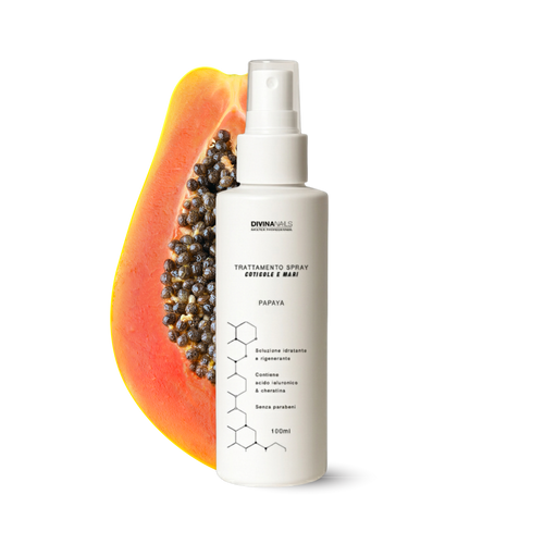TRATTAMENTO SPRAY CUTICOLE E MANI - PAPAYA - Con acido ialuronico e cheratina e senza parabeni 100ml
