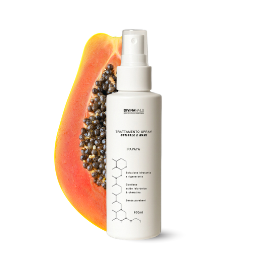 TRATTAMENTO SPRAY CUTICOLE E MANI - PAPAYA - Con acido ialuronico e cheratina e senza parabeni 100ml