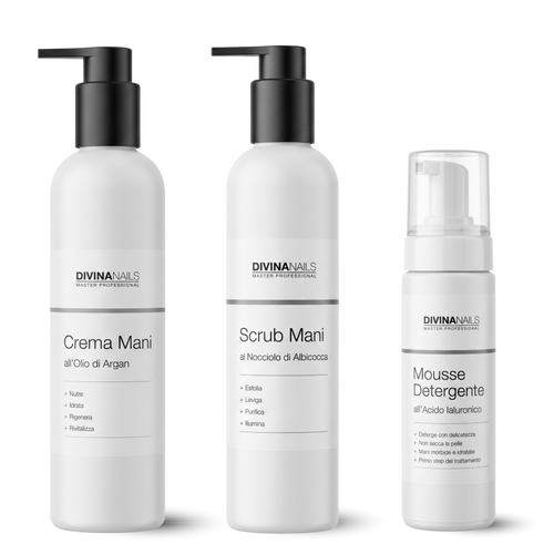 KIT MANI PROFESSIONALE - Mousse detergente, scrub all'albicocca e crema all'olio di Argan
