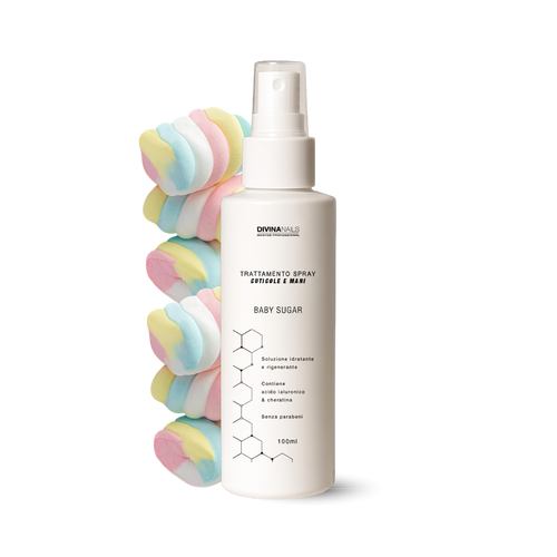 TRATTAMENTO SPRAY CUTICOLE E MANI - BABY SUGAR - Con acido ialuronico e cheratina e senza parabeni 100ml
