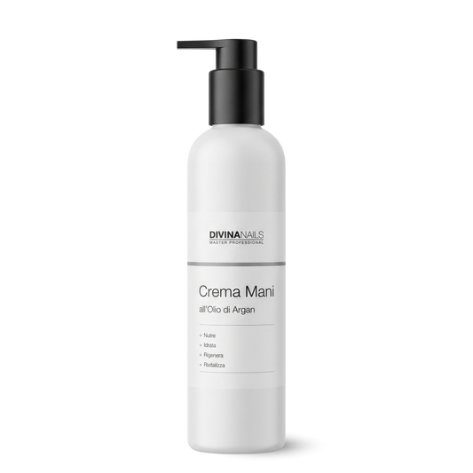 Crema mani professionale all'olio di argan Divina Nails, flacone bianco 300 ml con dosatore a pompa