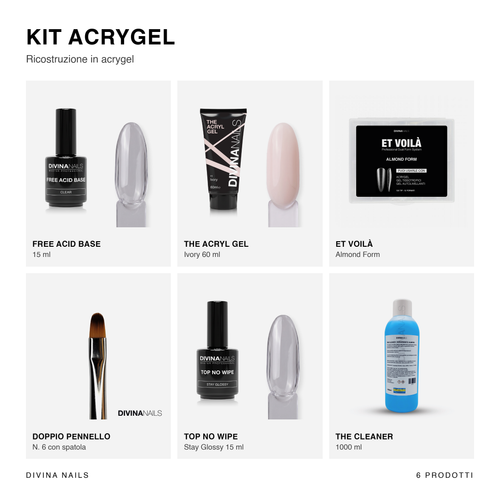 KIT ACRYGEL - Acrygel Ivory, dual form almond, doppio pennello con spatola, base, top no wipe e cleaner