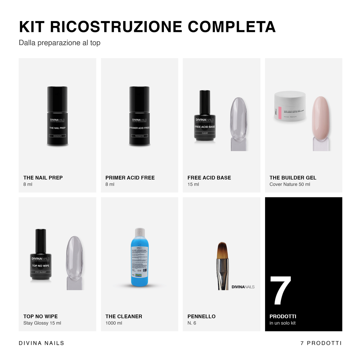 Kit ricostruzione completa Divina Nails: The Nail Prep, Primer Acid Free, Free Acid Base, The Builder Gel Cover Nature 50ml, Top No Wipe Stay Glossy, The Cleaner 1000ml e pennello N. 6