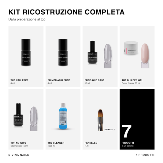 Kit ricostruzione completa Divina Nails: The Nail Prep, Primer Acid Free, Free Acid Base, The Builder Gel Cover Nature 50ml, Top No Wipe Stay Glossy, The Cleaner 1000ml e pennello N. 6