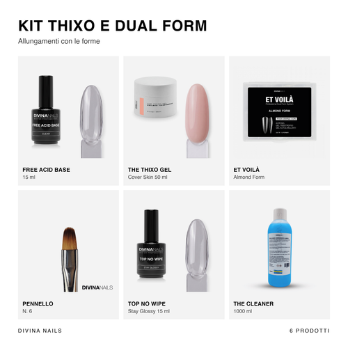 KIT THIXO E DUAL FORM - Gel tissotropico Cover Skin, dual form almond, base, top no wipe, cleaner e pennello