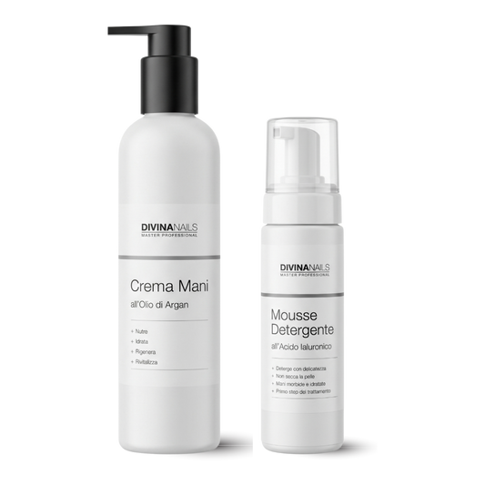 Crema mani all'olio di Argan 300ml e mousse detergente all'acido ialuronico 200ml Divina Nails