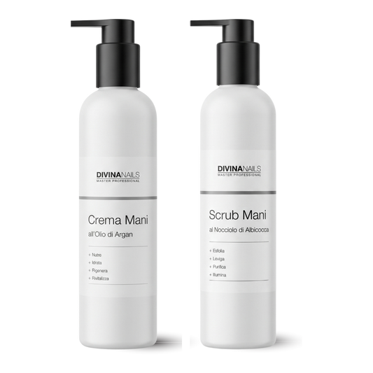 Crema mani all'olio di Argan e scrub mani al nocciolo di albicocca, 300ml ciascuno, Divina Nails